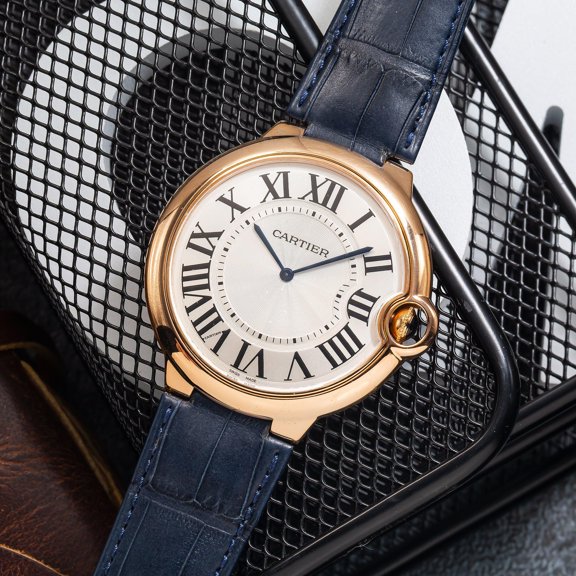 Pre-Owned Cartier Ballon Bleu W6920054 Rose Gold 46MM Silver Dial With Black Leather Bracelet