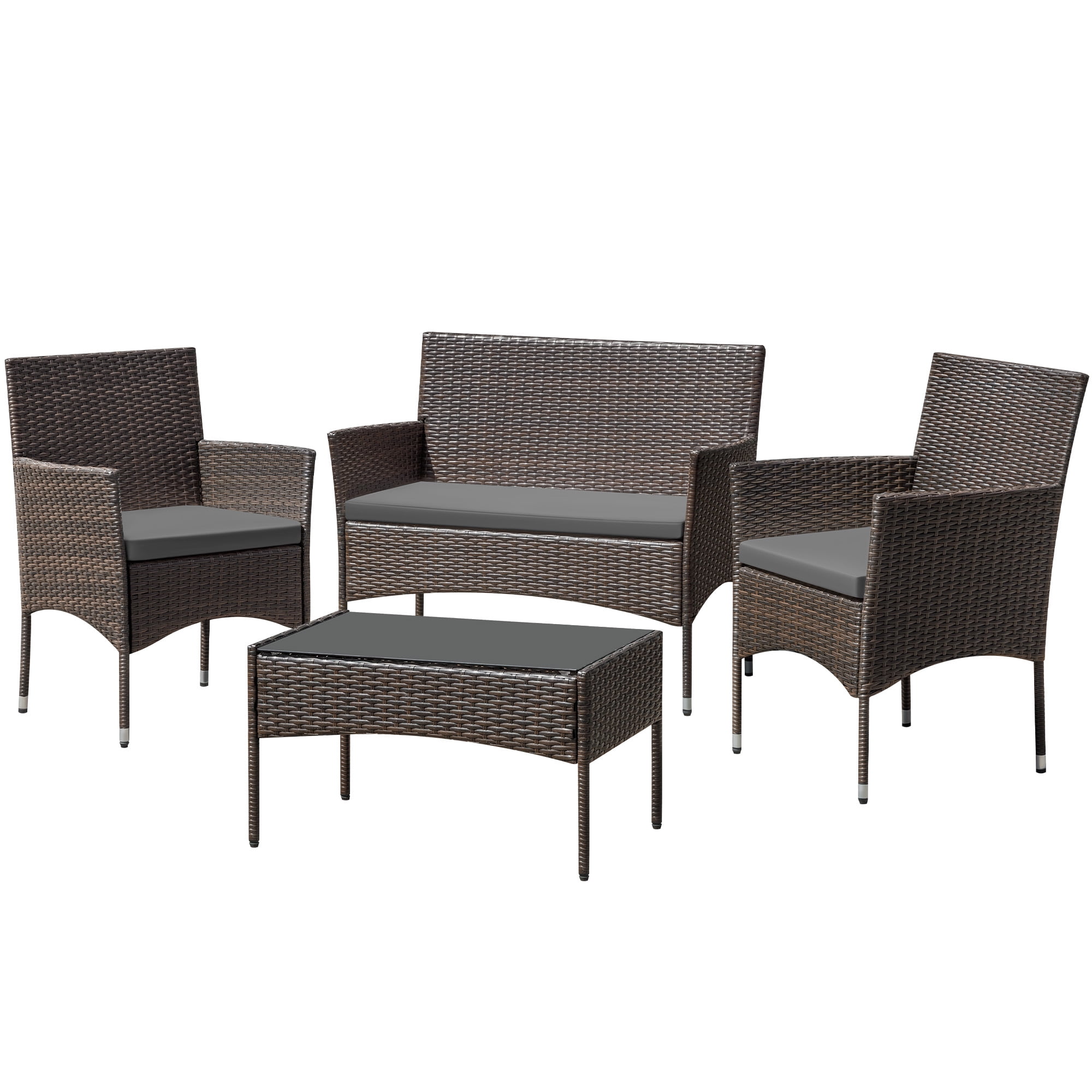 Homall 4 Pieces Patio Conversation Set Outdoor Furniture Rattan Chairs Wicker Seating with Cushion and Table Weather-resistant for Porch Garden Backyard, Brown /Gray
