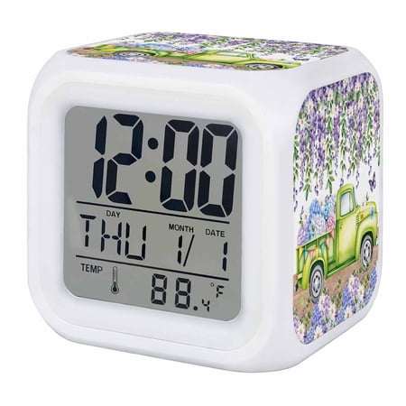 Alarm Clocks Hydrangea Green Truck Digital Clock 7 Color LED Night Light Silent Non-Ticking Battery Operated Butterfly Daisy Flower Cube Clocks for Bedroom Bedside Living Room Office School
