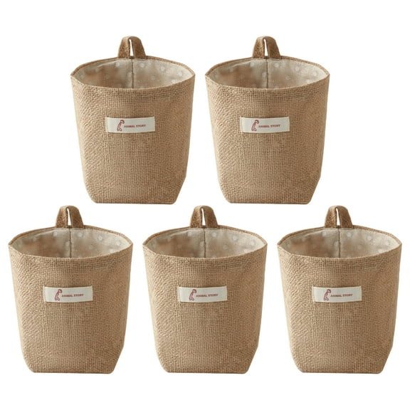 ACDANC 5PCS Small Hanging Basket, Decorative Storage Bins for Wall, Burlap Wall Hanging Baskets for Organizing, Yellow Dot Fabric Wall Basket, Small Storage Basket for Home Decor