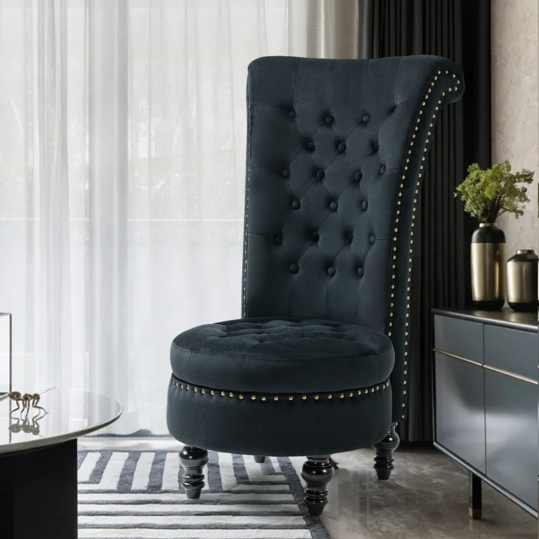 AVAWING High Back Throne Chair Velvet Armless Royal Accent Chair w Storage Nailhead Trim Rubberwood Legs for Living Room Bedroom Black