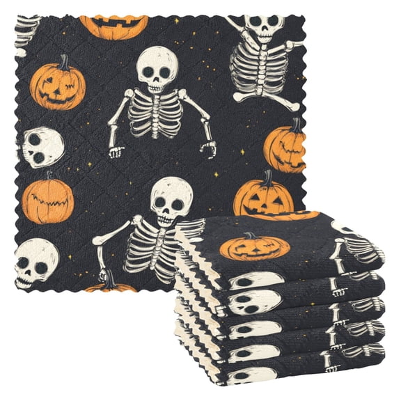 6 Pieces of Kitchen Towels 11x11Inch Kitchen Dish Cloths Kitchen Dish Towels Reuseable Cleaning Cloths Halloween Pumpkin Skull