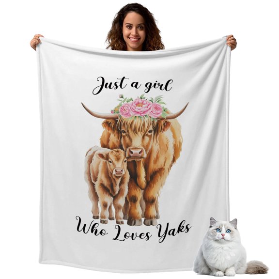 Throw Blanket for Couch, Lovely Highland with Baby Soft Cozy Warm Flannel Blanket 30x40in, and Pink Flowers Lightweight Fleece Throw Blankets for Sofa Bedroom Office All Season Use