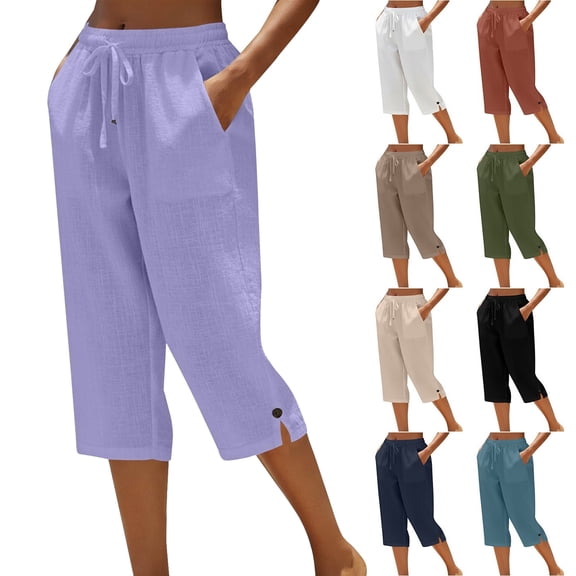 XinghaiYIDE Womens Capri Pants Casual Summer Stretch Linen Button Elastic Waist Straight Pants