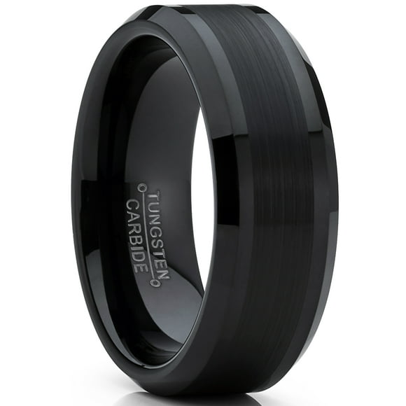 Tungsten Carbide Men's Black Brushed Center Wedding Band Engagement Ring, 8 mm Comfort Fit