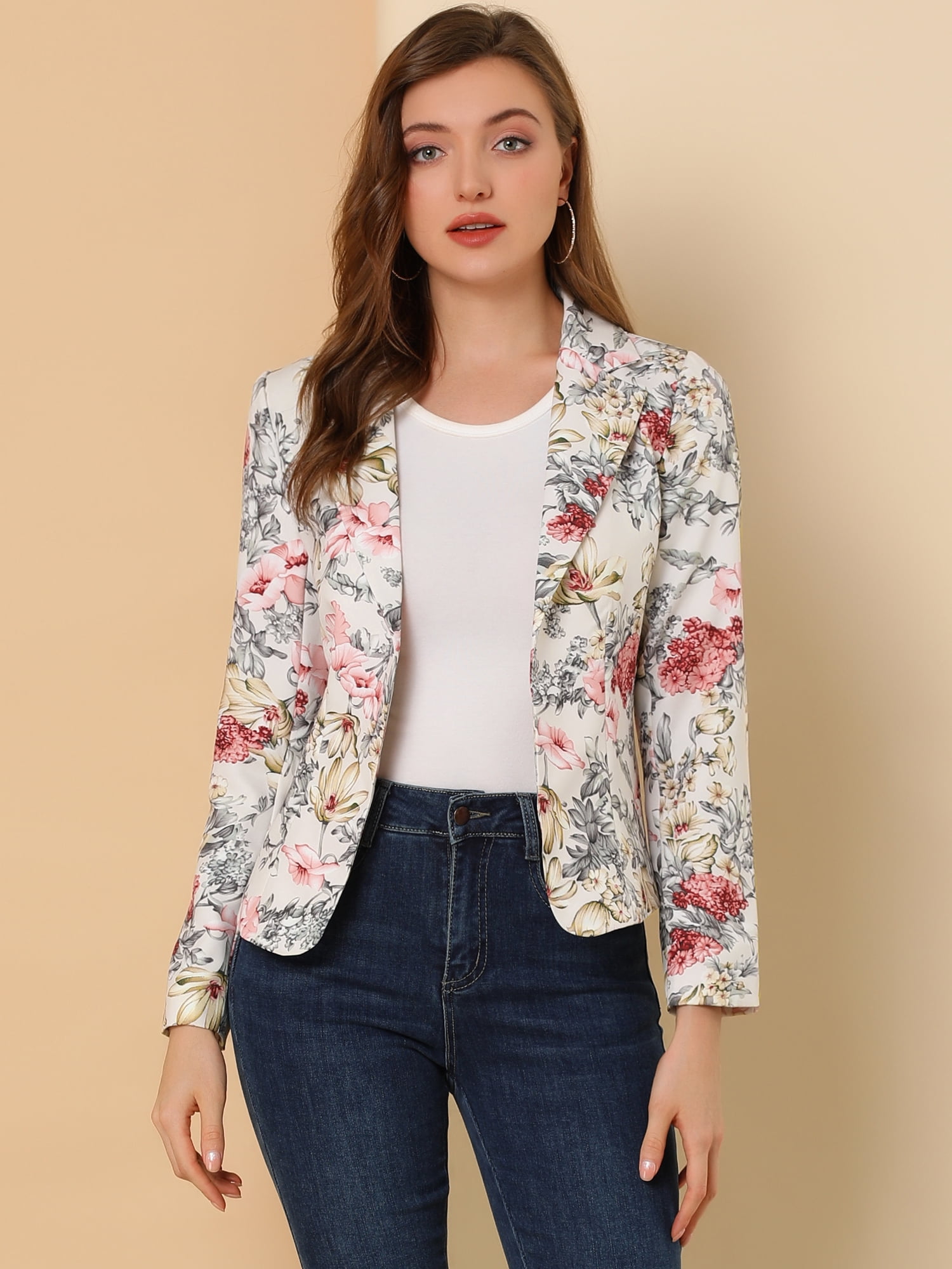 DARING DIVA Women's Elegant Notched Lapel Floral Print Blazer 3XL Beige-Floral