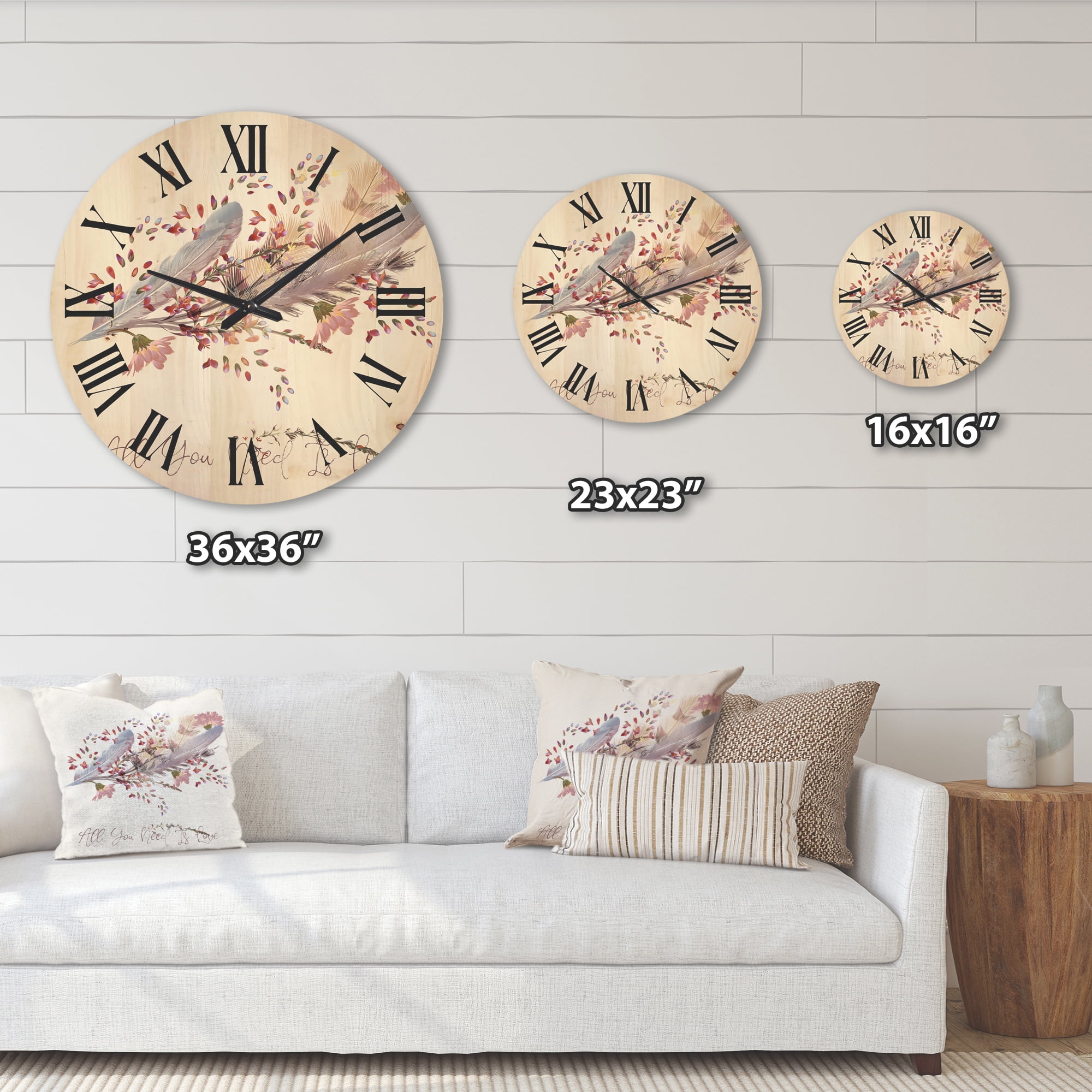 Designart 'Pink Feathers and Flowers All You Need Is Love' Bohemian & Eclectic Wood Wall Clock