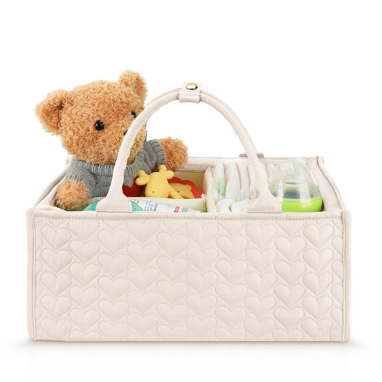 Baby Diaper Caddy, Soft Quilted Fabric Nursery Storage Organizer with Dividers & Side Pockets, Foldable Portable Changing Basket, Ideal Baby Shower Gift for Newborn