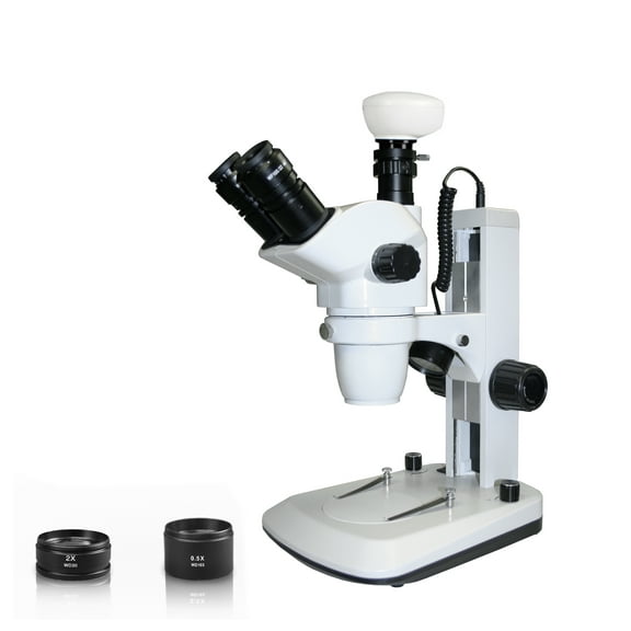 Vision Scientific VMS0006-TZ-DNN5.0 Trinocular Zoom Stereo Microscope, 10x WF Eyepiece, 0.67x4.5x Zoom,0.5x & 2x Aux Lens,Track Stand, 5.0MP Digital Eyepiece Camera