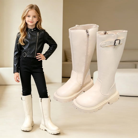 BXJX Girls Knee High Boots, Fashion Non-slip Side Zipper Outdoor Winter Tall Boots White Size 11 Little Kids