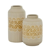 DecMode 9", 11"H Floral Handmade Beige Ceramic Vase with Diamond Pattern, Set of 2