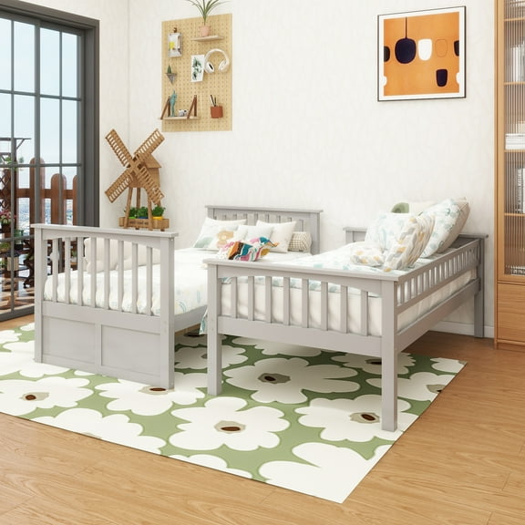 Twin over Twin Bunk Bed with Drawers, Convertible Beds, Gray