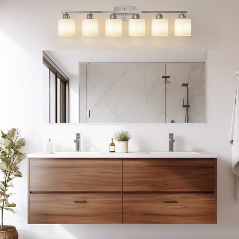 38.2" Nickel Vanity Light Fixture - 6-Light Bathroom Wall Sconce with Milky White Glass Shades, Vintage Style Mirror Lighting for Bedroom & Bathroom (Bulbs Not Included)