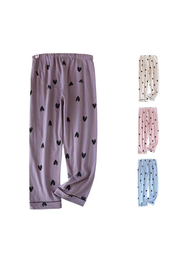 Gyujnb Heart Print Maternity Pajama Pants Adjustable Waist Full Belly Support Soft Loose Postpartum Home Casual Long Trousers,M