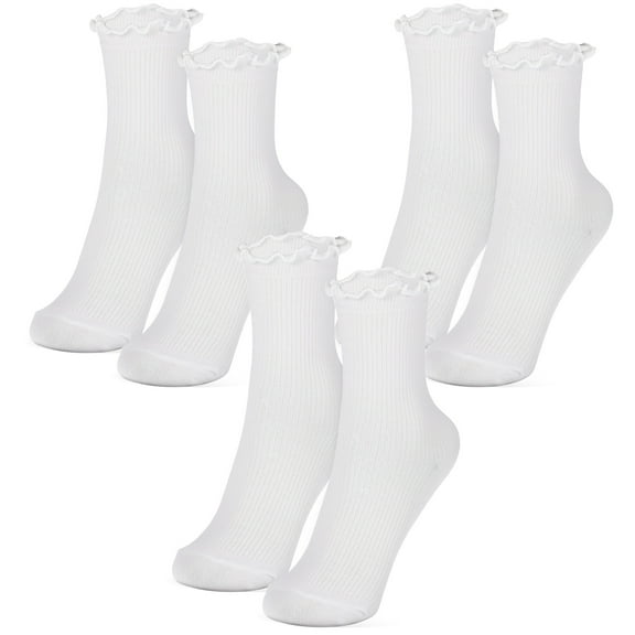 3 Pairs Cute Ruffle Socks for Women White Crew Socks with Frilly Edge Design Comfortable Polyester