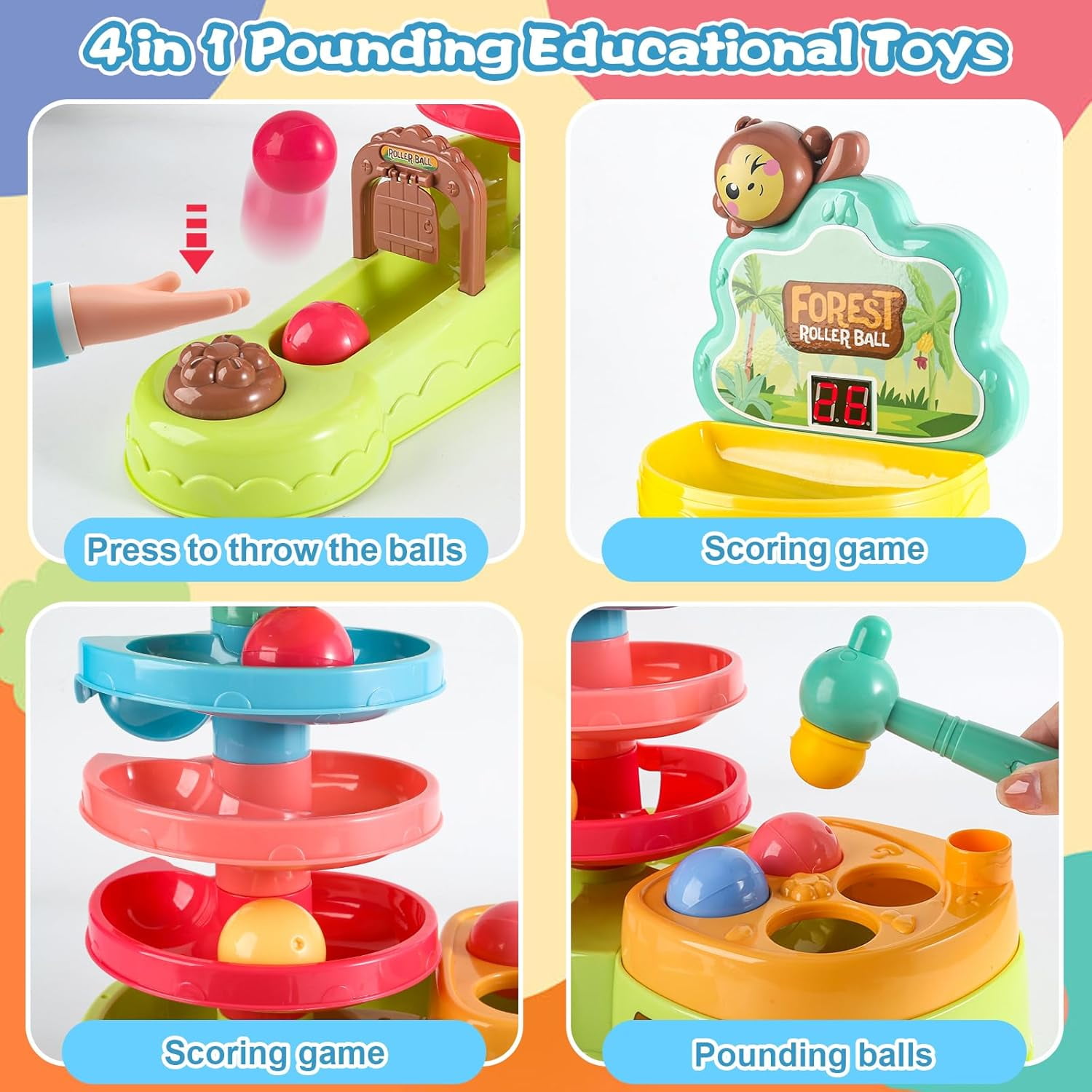 Adofi 3-in-1 Toddler Montessori Toys, Hammer Pound Balls, Shoot Balls Game, Ball Drop Toys for 1-3 Years Old, 1 Year Old Toys for Boys