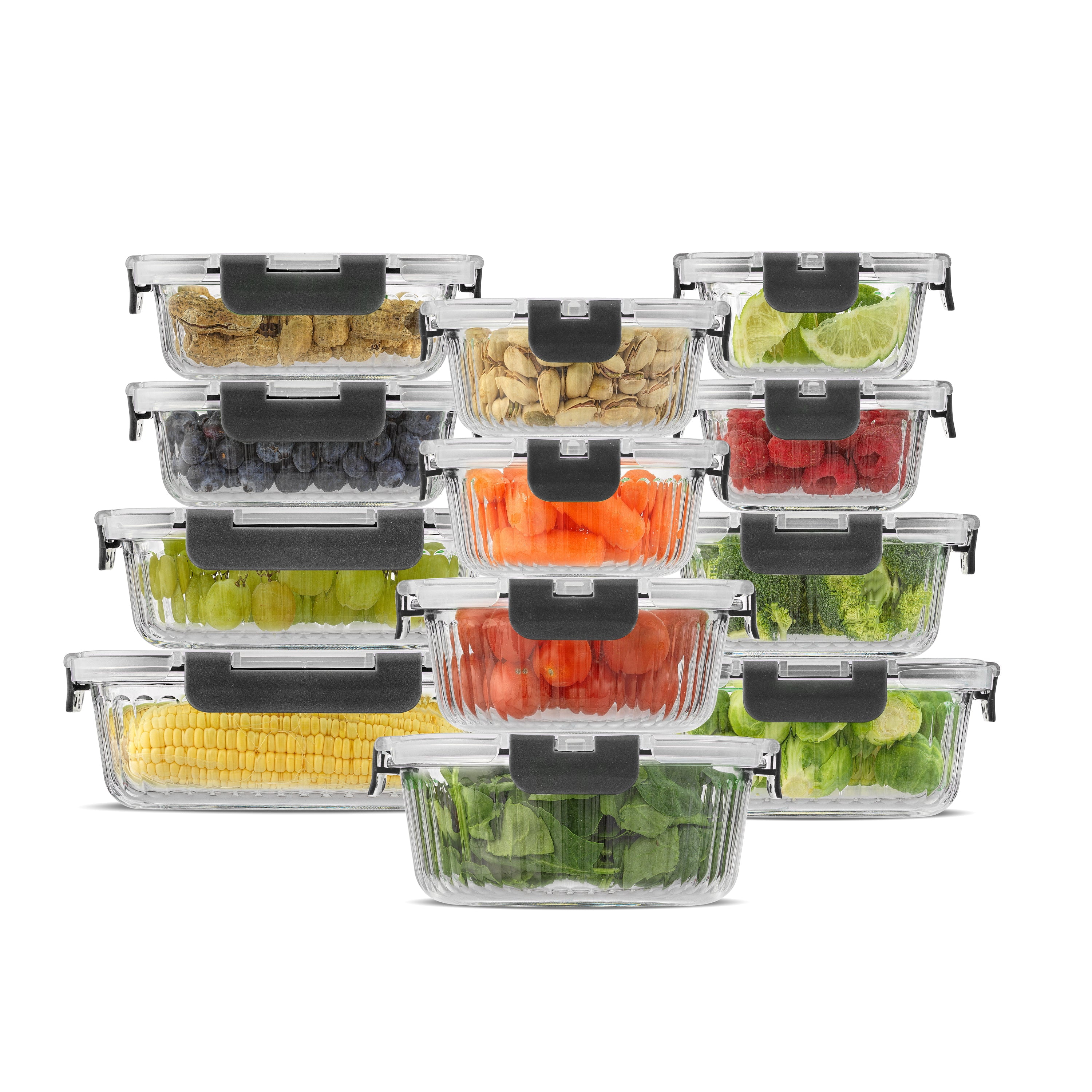 JoyJolt 24-Piece Fluted Food Storage Container Set with Lids - Black
