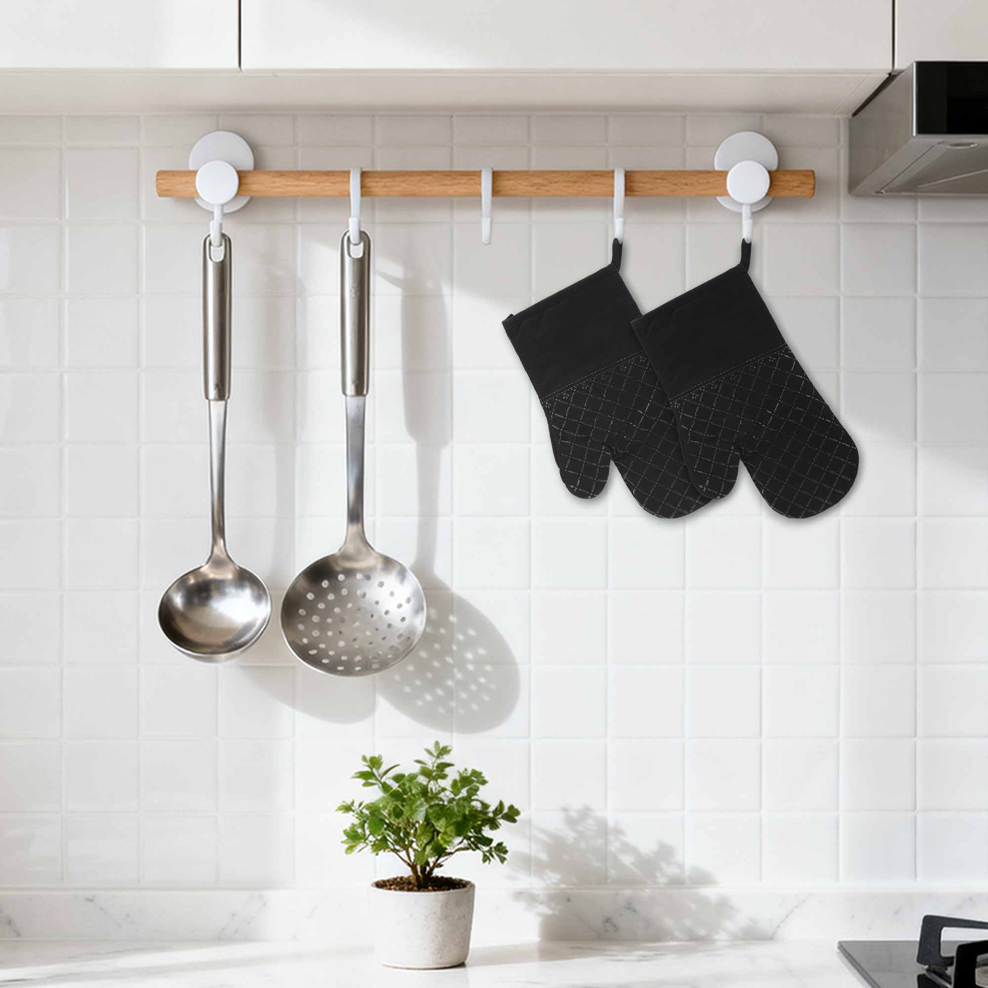 Unique Bargains Silicone Cotton Heat-Resistant 2 Pcs Kitchen Mitts Black 11.8x6.7inch