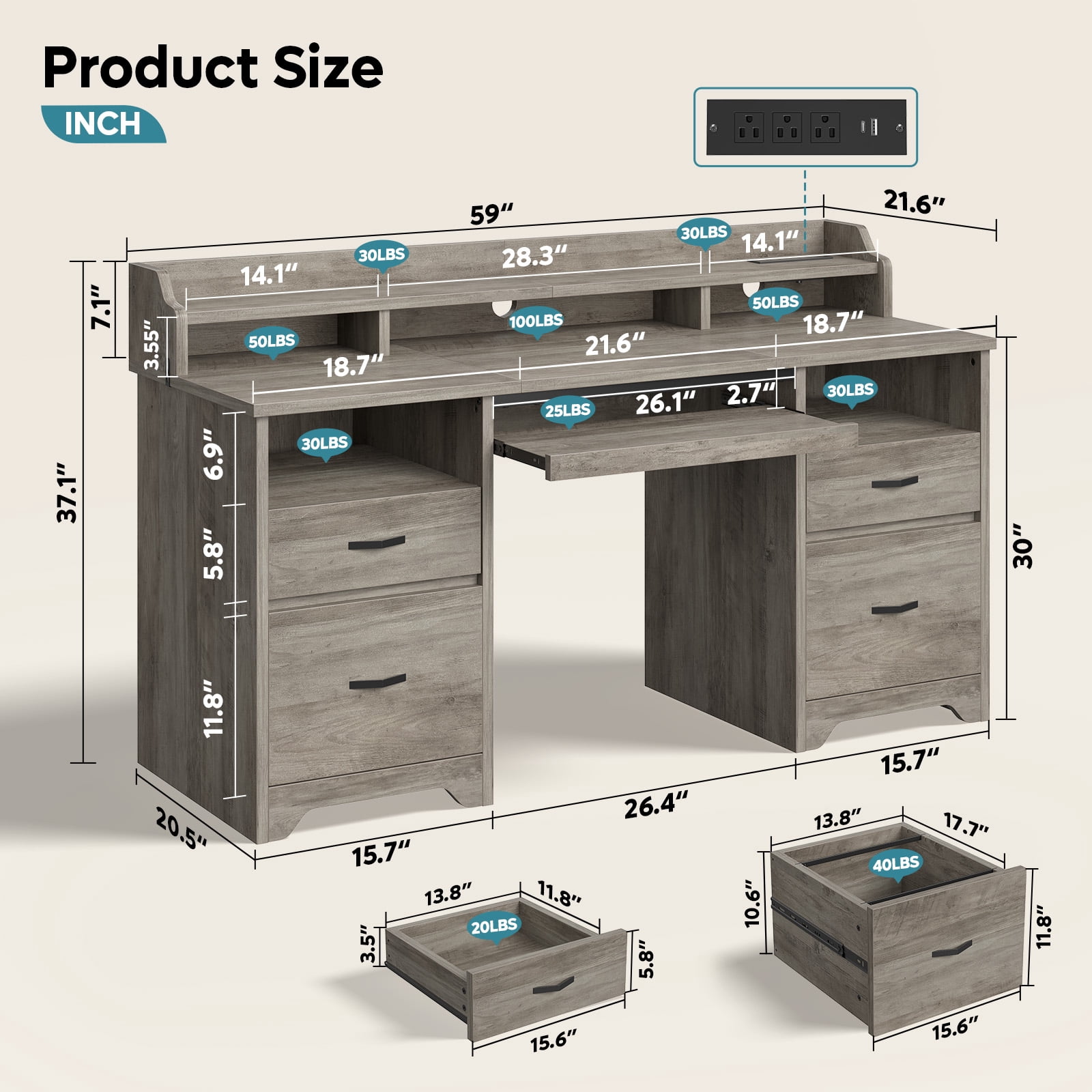 Bestier Farmhouse Executive Desk with Drawers, 59" Wood Computer Desk with Charging Station, Home Office Desk with Keyboard Tray & Monitor Stand，File Cabinet Sturdy Desk for Work Study, Gray