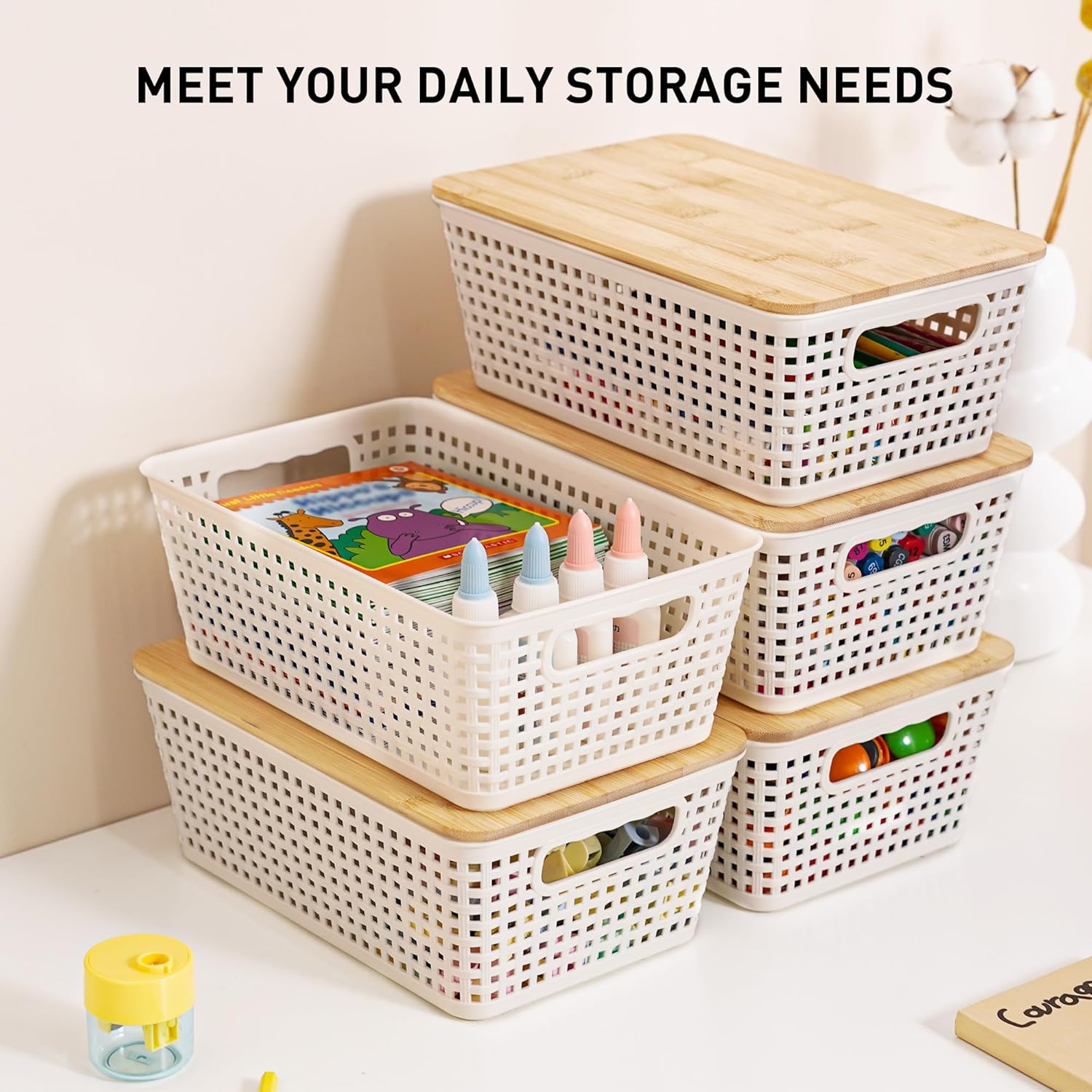 Small Storage Bins with Lids 6 Packs, Plastic Storage Basket with Bamboo Lid for Pantry Organization and Storage Containers for Shelves Drawers Desktop Closet Playroom Office Home, White