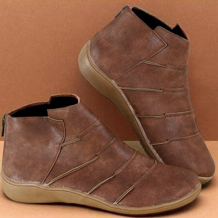 

FZM Women shoes Women s Winter Fashion Flat Vintage Pleated Round Toe Slip On Ankle Boots
