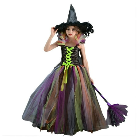 

Sopelem Girl Witch Festival Short Sleeve Puffy Skirt+ Witch Hat+ Broom 3Pcs Set