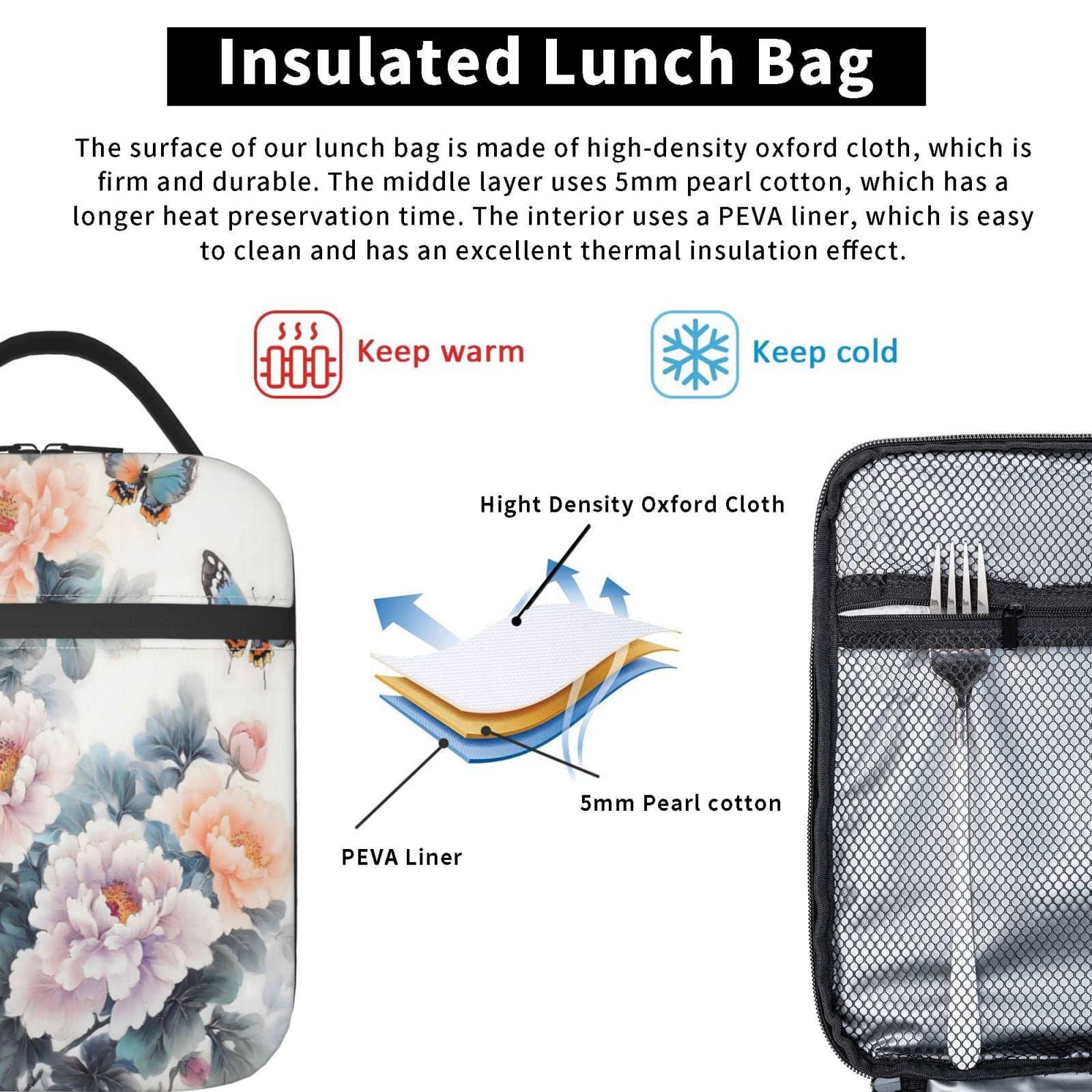 Lunch Bag For Women Men Insulated Portable Lunch Box Bento Box Office Picnic Travel Cooler Bag Flowers And Butterflies