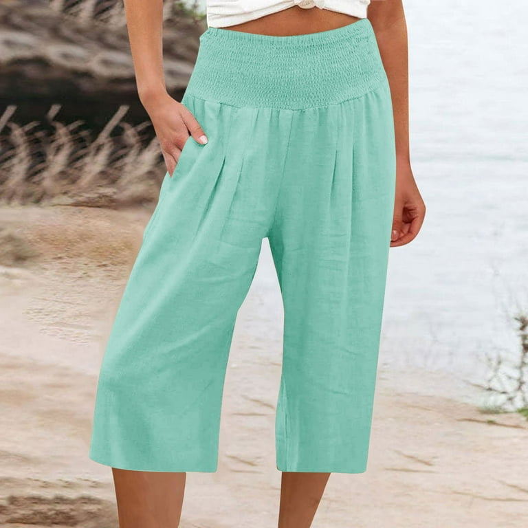 QUYUON Womens Elastic Waist Capris with Pockets High Waisted Yoga Capris  Cotton Lined Wide Leg Copped Pants Solid Color Capris for Women Casual  Summer