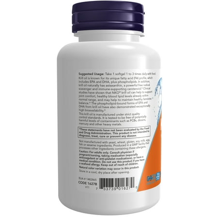 NOW Supplements, Krill, Double Strength 1000 mg, Phospholipid-Bound Omega-3, 60 Softgels