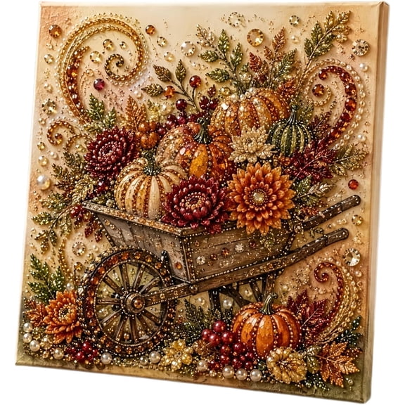 Autumn Pearl Painting Kit, 3D Pearl Diamond Painting Kit, DIY Pearl Art Craft for Adults, Thanksgiving Harvest Home Wall Decor, Handmade Seasonal Gift,Rustic Farmhouse Cart