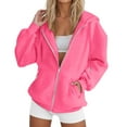 thumbnail image 3 of Women's Solid Color Zip Up Hoodie, Lightweight Fleece Lined Long Sleeve Casual Jacket, Oversized Fall Winter Sweatshirt for Daily Streetwear and Lounge Hot Pink L, 3 of 8
