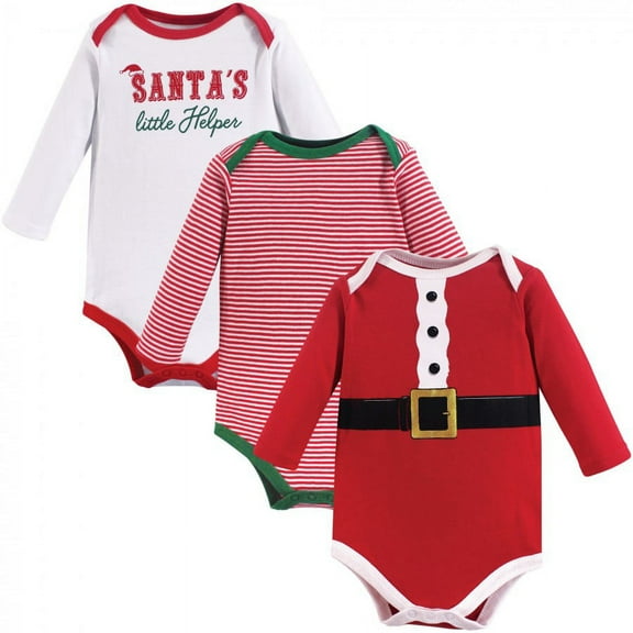 Little Treasure Baby Boy Cotton Long-Sleeve Bodysuits 3pk, Santas Helper, 0-3 Months