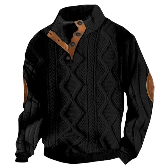 Men's Autumn/Winter Casual Button-Up Stand Collar Hoodie, Long Sleeve Pullover Sweatshirt with Elbow Patches and Quarter-Zip Striped Design