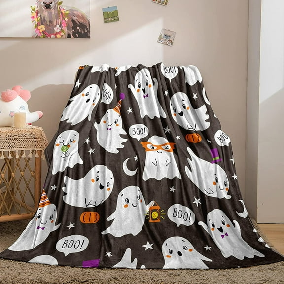 Halloween Throw Blanket Cute Halloween Blanket Cartton Ghost Printed for Boys Girls Halloween Room Decor(Grey, Throw(50"x60"))