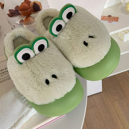 

uikmnh Warm Slippers Winter Women Cute Green Dinosaur Warm Home Baotou Plush Soft Bottom Comfortable Flat Cotton Slippers 8.5