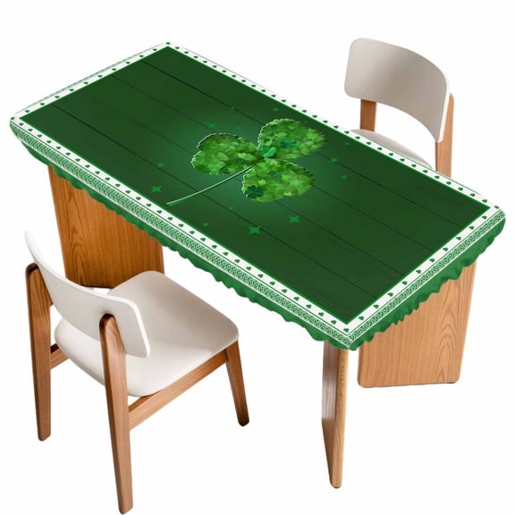 St. Patrick's Day Table Cloths for 5 Foot Rectangle Tables, Green Shamrock Wooden Spring Patio Waterproof Elastic Fitted Tablecloths, Washable Rectangular Table Cover for Camping