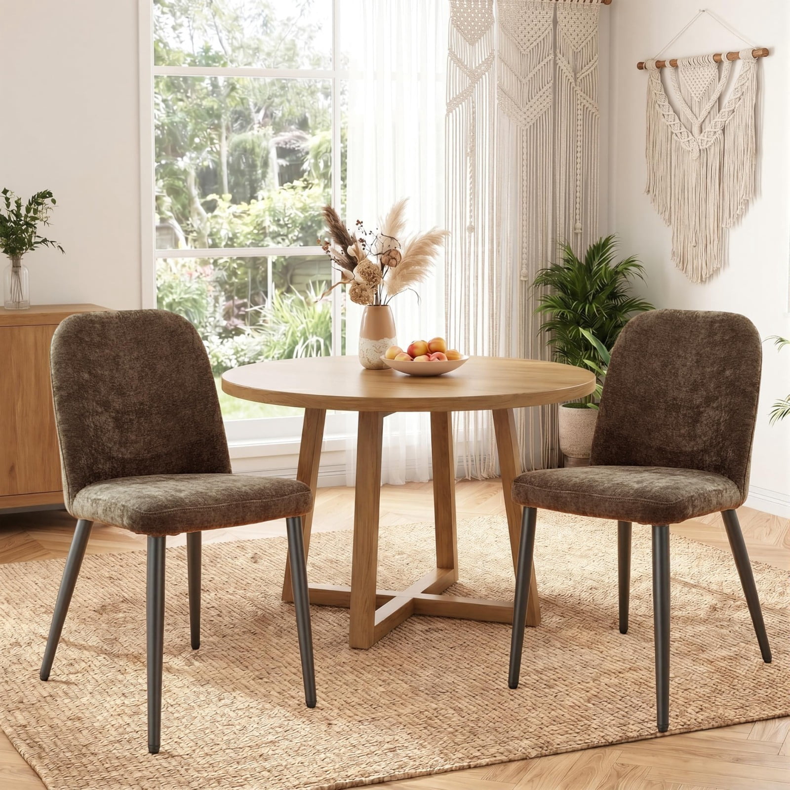 Fabric Dining Chairs Set of 2, Dark Brown Upholstered Kitchen Chairs with Ergonomic Backrest and Metal Legs, Modern Armless Side Chairs for Dining Room, Restaurant, Living & Meeting Room