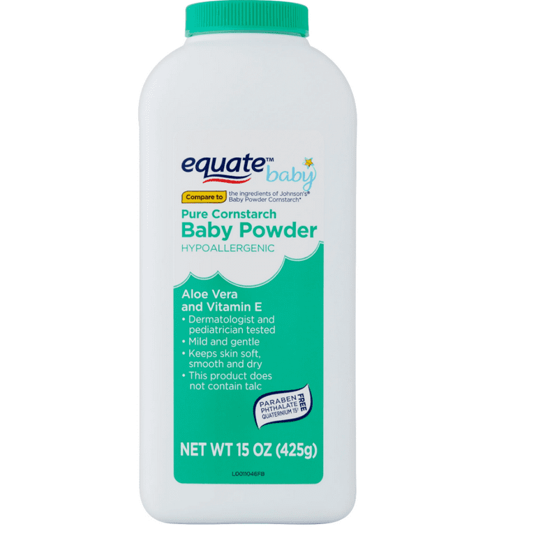 Equate Baby Aloe Vera and Vitamin E Hypoallergenic Pure Cornstarch Baby Powder, 15 oz