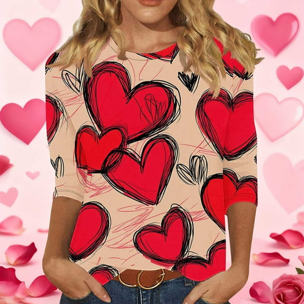 RKSTN Valentines 3/4 Sleeve Tops for Women Oversized Crewneck Valentine's Day Graphic Printed Short Sleeve T Shirt Womens Casual Round Neck Loose Comfy Loves Heart Print Three Quarter Sleeve Shirts