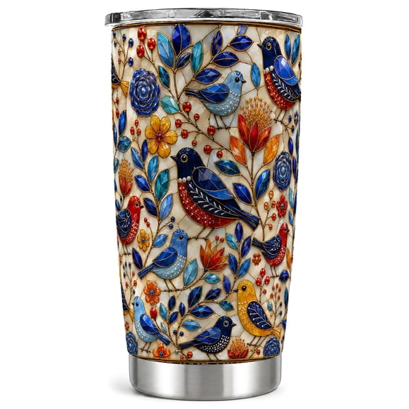 Stained Glass Bird Tumbler 20oz, Floral Tumbler, Stainless Steel Travel Cup