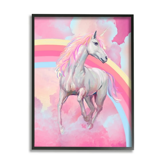 Stupell Industries Pink Unicorn & Clouds Fairy Tales & Fantasy Painting Black Framed Art Print Wall Art, 11 x 14