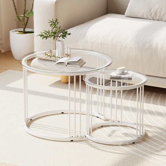 Nesting Coffee Table, 23.6" Round Coffee Table Set of 2, Glass Nesting Table with Metal Frame, Ceter Tables for Living Room Bedroom Balcony, White