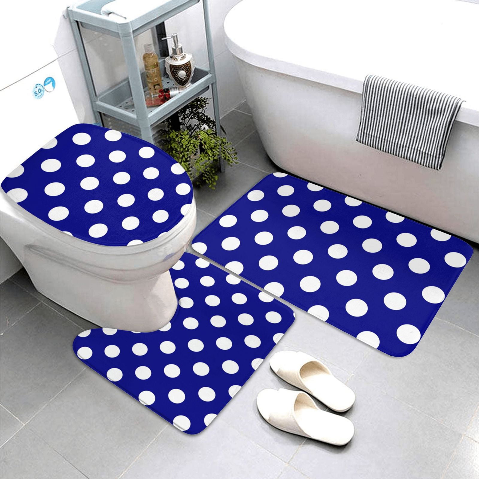 Bathroom Rugs Sets 3 Piece - Navy And White Polka Dot Absorbent Non Slip Bath Mats, U-Shape Toilet Lid Cover, Contour Mat, Soft Washable Shower Mats Bath Rug Mat for Bathroom Tub Toilet