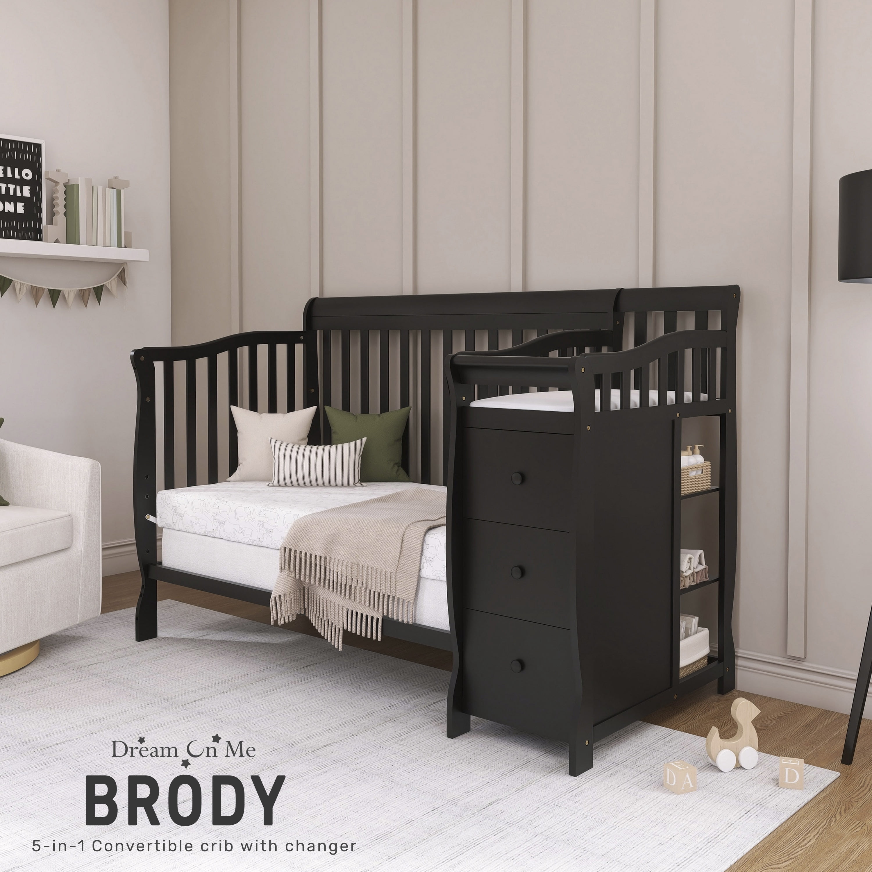 Dream On Me Brody 4-in-1 Fixed-Side Convertible Crib and Changing Table Combo, Black