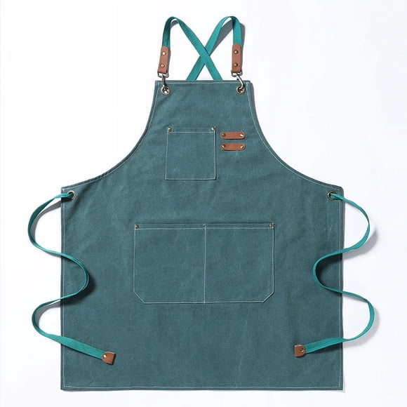 Zhuge Delantales de chef para hombres y mujeres con bolsillos grandes, delantal de trabajo resistente, ajustable, con espalda cruzada de lona de algodón, talla M a XXL (verde oscuro)