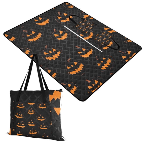 Extra Large Picnic Beach Blanket Waterproof Sand Proof Portable Outdoor Mat Orange Halloween Pumpkin Face 60x80