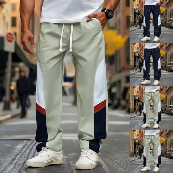 YHAJDS Men's Winter Casual Pants,Men's Waterproof Full Length Pants Color Block Elastic Waist Drawstring Straight Leg Outdoor Comfortable Bottoms