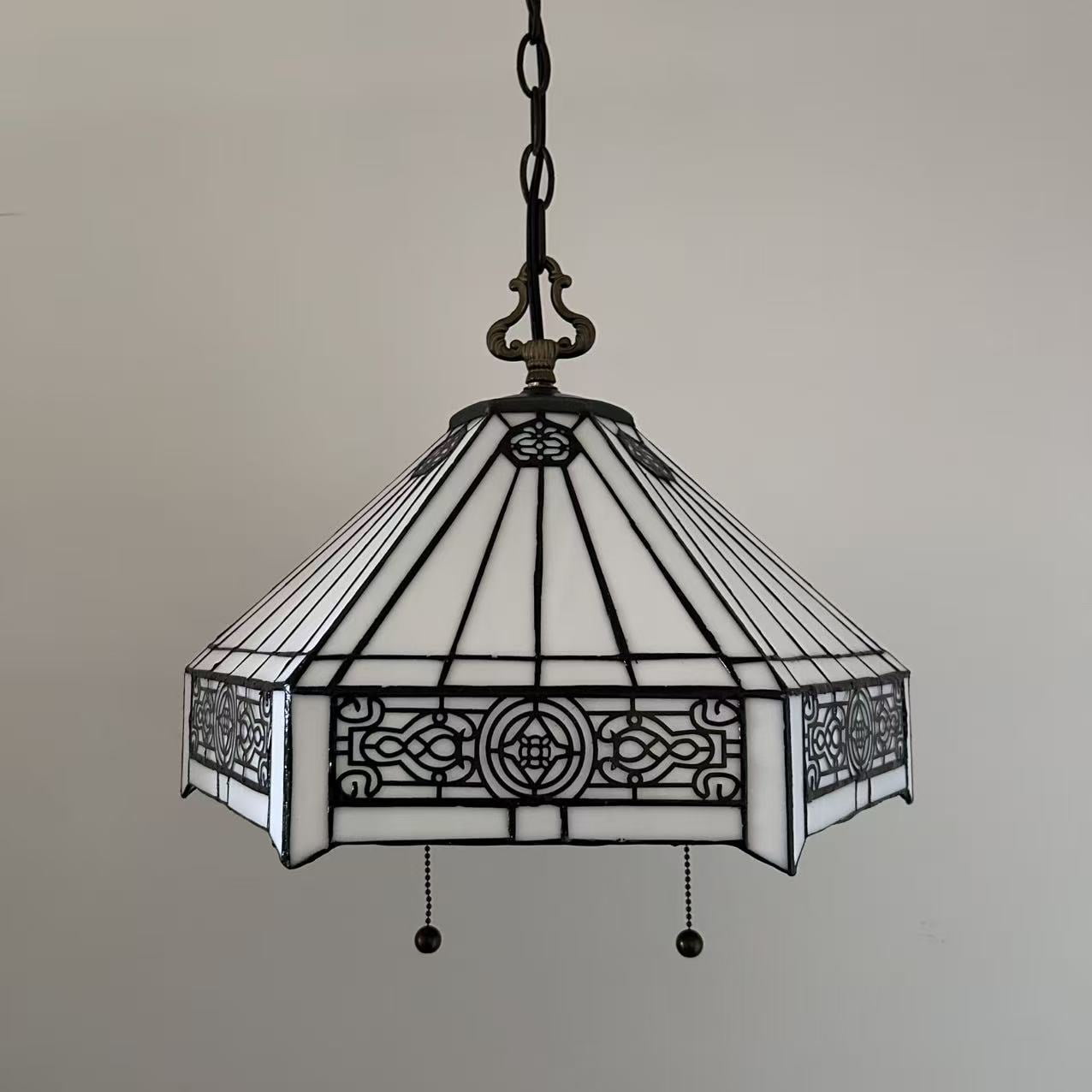 White Hexagon Stained Glass Pendant Lights Fixture LED Bulb Included for Dining Room Kitchen Island 16"W*16"D*75"H