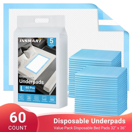 insmart bed pads for incontinence disposable 24'' x 36'' , 60 count disposable incontinence bed pads,waterproof bed pads-super absorbent protection