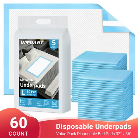 INSMART Bed Pads for Incontinence Disposable 24'' X 36'' , 60 Count Disposable Incontinence Bed Pads,Waterproof Bed Pads-Super Absorbent Protection